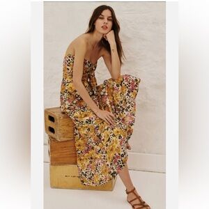• Ba&Sh • Womens Dalid Ocre Floral Strapless Tie Front Printed Midi Tiered Dress